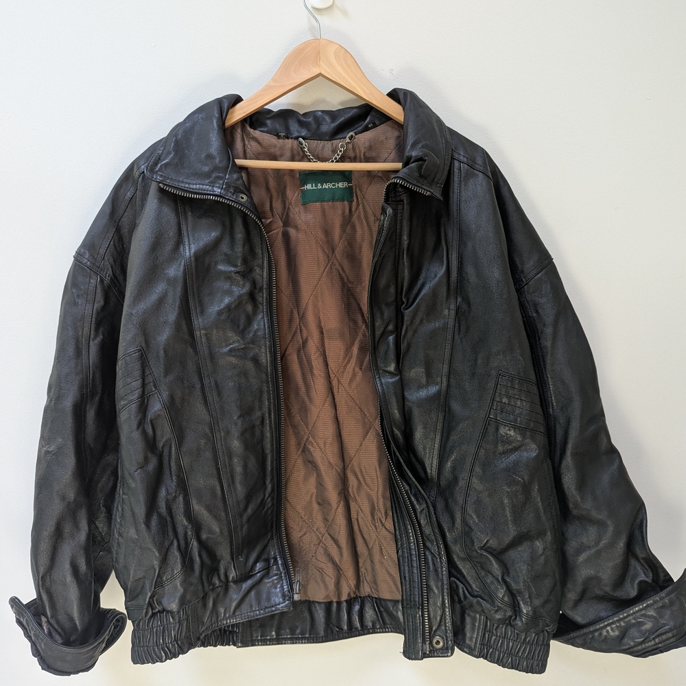 Vintage Hill & Archer Black Leather Bomber Jacket- Size 44